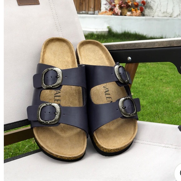 Fitvalen Women 2 Strap Adjustable Cork Footbed Flat Slide Sandals - Picture 4 of 6